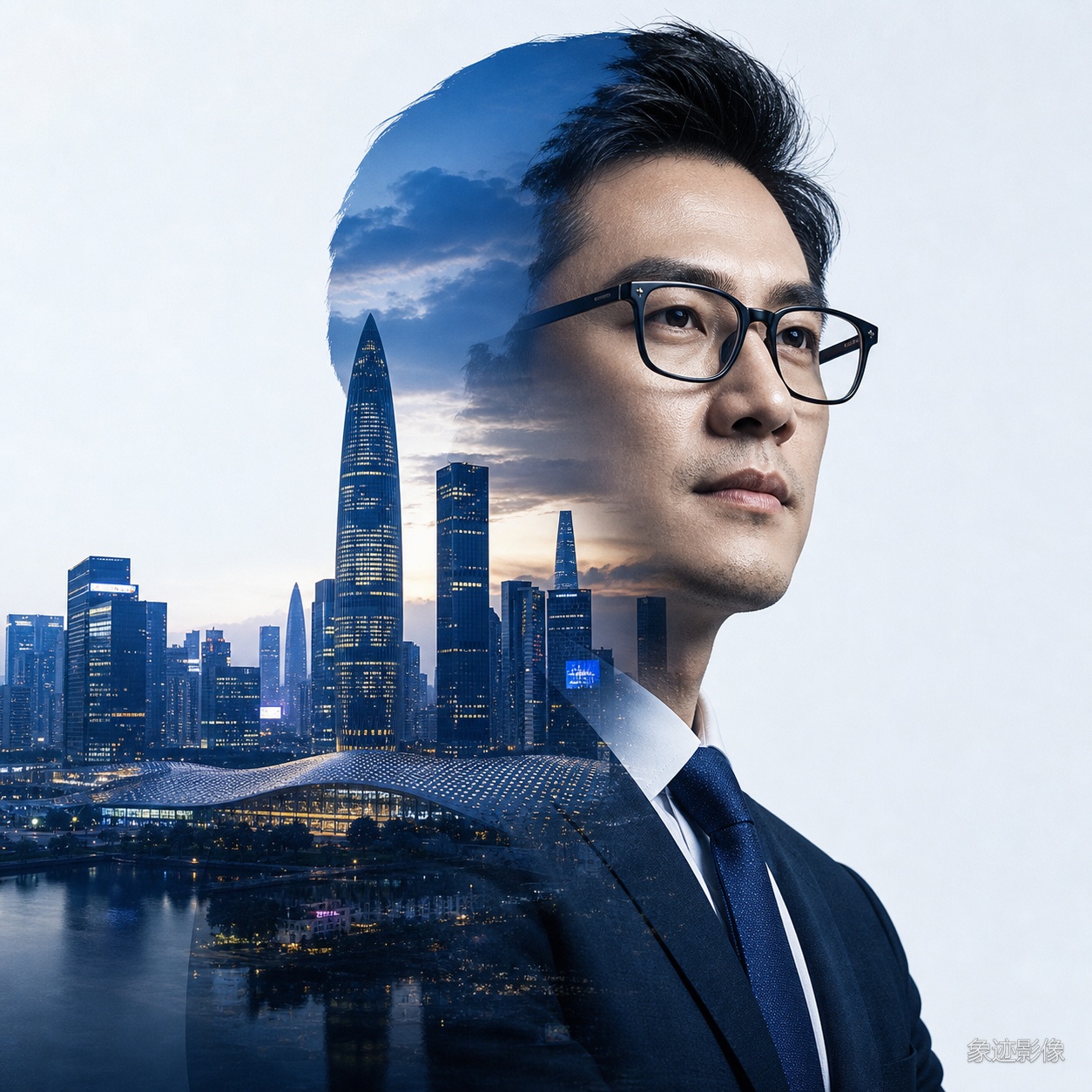 深圳创意人像 - 双重曝光城市天际线剪影